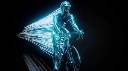 Conceptual 3D illustration of a cyclist motion design with trails