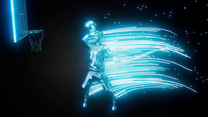 Conceptual 3D illustration of a basketball player dunking motion design