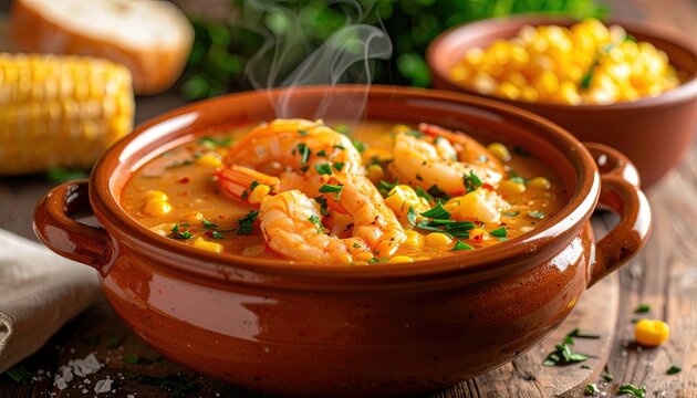 Delicious hot shrimp and corn chowder served in a rustic bowl, garnished with fresh parsley.