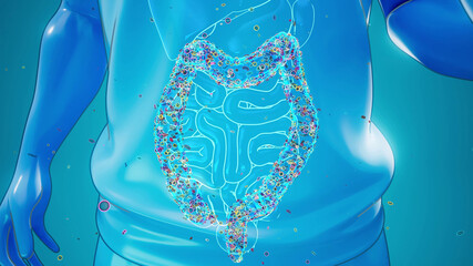 Conceptual 3D illustration of a basketball player and microbiome