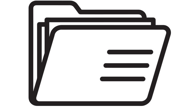 Folder icon with stacked file tabs and document lines, black outline symbol for archive, directory, storage, data management, UI button isolated on white background