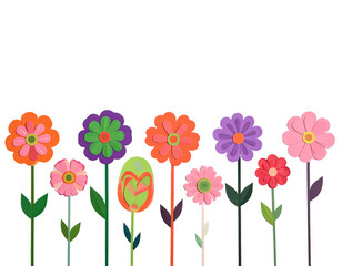 Colorful, cartoon-style flowers in various colors on stems, against black background
