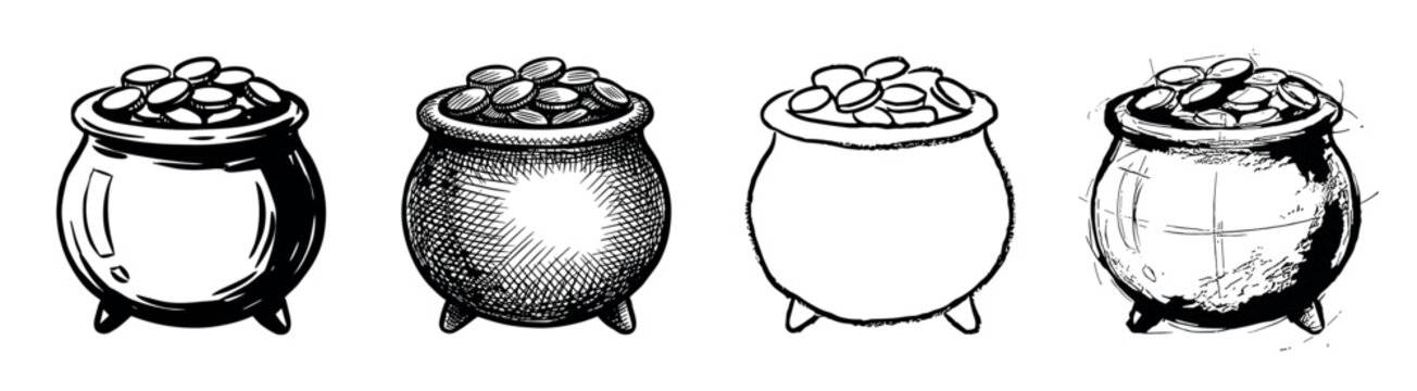 Four hand-drawn black ink pots of gold coins in various sketch styles, including line art, cross-hatching, and doodle, representing wealth, luck, and treasure for a holiday