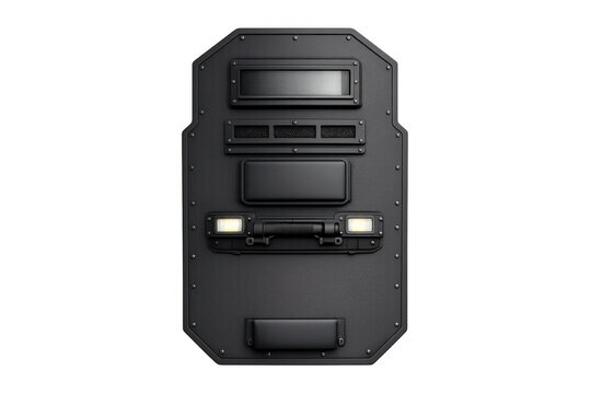 Tactical riot shield with equipment panels on gradient background
