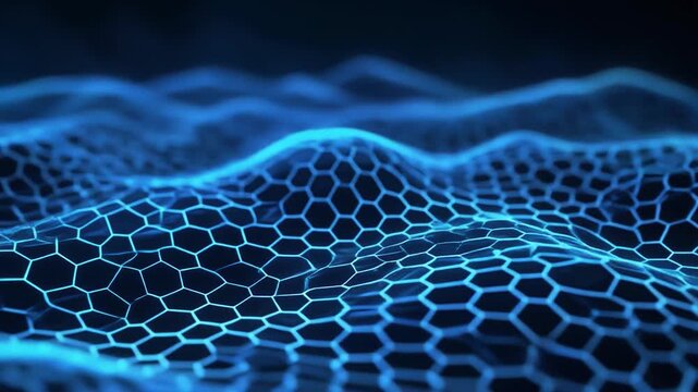 Warm blue neon mesh undulating layered honeycomb waves futuristic cinematic surreal ethereal ambience cascading softly glowing abstract unique style
