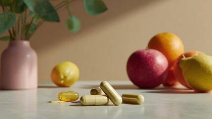 Table with a pink vase on the left side and a bunch of fruits on the right side. in the center of the table, there are several capsules scattered around.