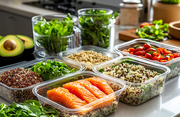 Obraz premium Healthy Meal Prep with Salmon and Quinoa. A variety of transparent glass containers filled with healthy food, including fresh salmon fillets, cooked quinoa, cherry tomatoes, and various leafy greens
