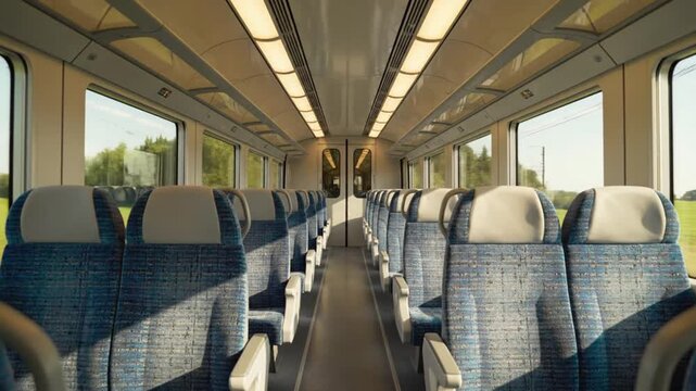 Interior view of a train car with rows of blue and white seats facing each other, separated by a central aisle, with windows on both sides showing greenery outside.