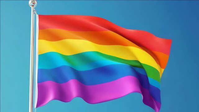 A rainbow flag is on a pole. The flag is colorful and has a rainbow pattern. The flag is on a blue background