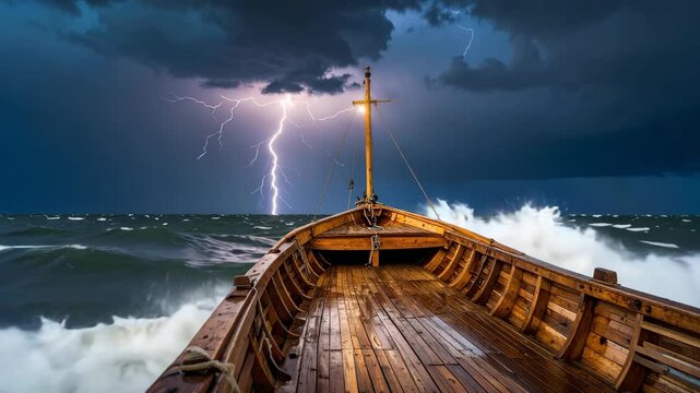 Wooden boat sails through stormy seas with lightning strikes overhead