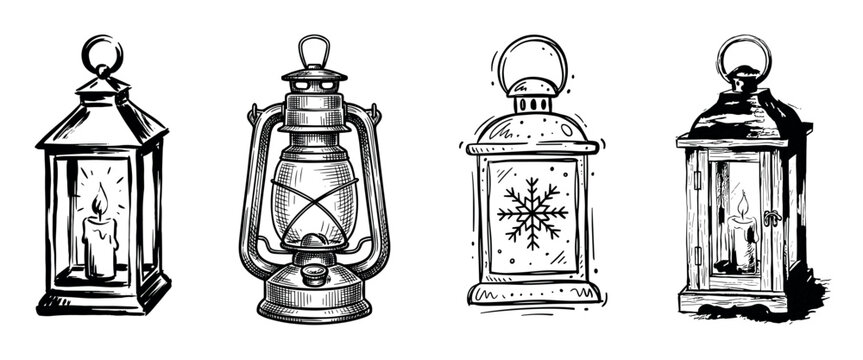 Set of four hand-drawn lanterns in various vintage and rustic styles, including a classic candle holder, an old kerosene lamp, and a winter-themed light with a snowflake