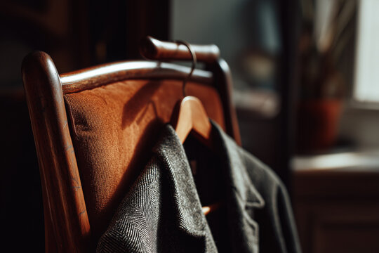 Moody close-up of a coat hanging on a wooden chair in a warm interior. Cinematic, minimalist style. Concept of everyday life and quiet moments, ideal for lifestyle, interior, fashion, and editorial us
