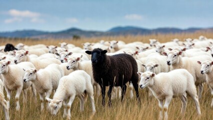 Obraz premium Field of sheep with one black sheep in a meadow setting.