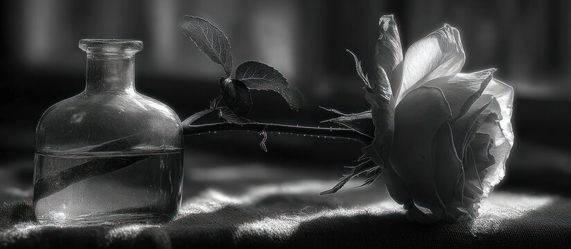 A delicate rose leans next to a small bottle of water, in monochrome