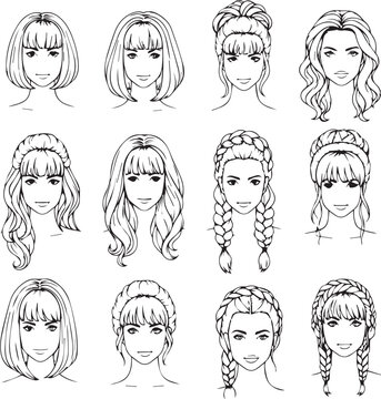 Variety of female hairstyles and silhouette illustrations