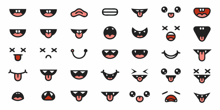 Collection of cute colorful cartoon mouth and face expression icons