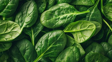 Obraz premium Fresh spinach leaves in close view showing vibrant green color ready for cooking or salads in a kitchen setting