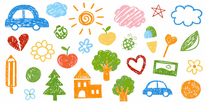 Colorful crayon drawings of a car sun heart tree and other simple shapes