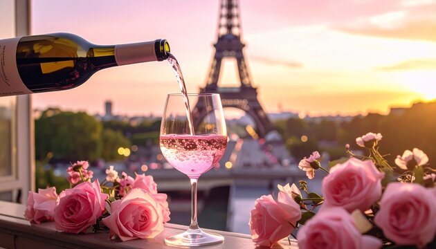 Sparkling rose wine pouring into glass on balcony with pink roses against Eiffel Tower background at sunset. Romantic atmosphere of evening Paris