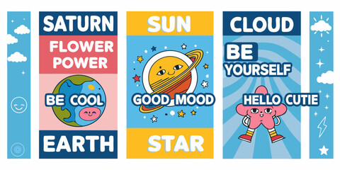Colorful sticker designs featuring planets flowers and positive affirmations © Sanjoy