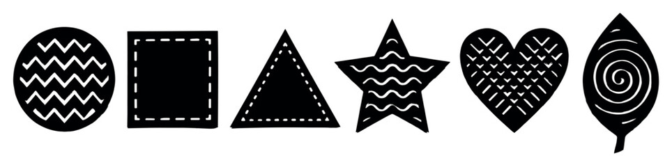 Obraz premium Set of black hand-drawn graphic shapes including an oval, rectangle, triangle, star, heart, and leaf with various folk art patterns in a minimalist Scandinavian linocut style