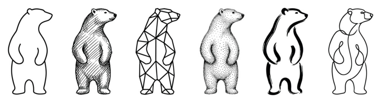 Set of six black polar bear illustrations standing on hind legs, showcasing various artistic styles like line art, hatching, geometric, stippling, brush stroke, and continuous line drawing