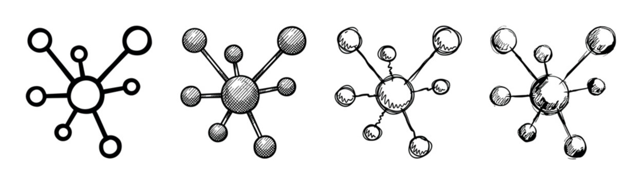 Set of four hand-drawn molecule icons showing different sketch styles from simple line art to rough doodles, representing network, connection, and scientific structure