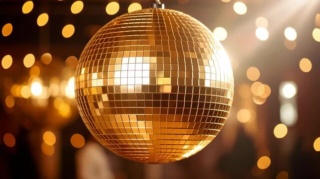 Golden disco ball spinning with bokeh lights in background