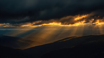Fototapeta premium bedrock. Golden light breaking through clouds over a majestic mountain peak. travel magazines, destination branding, designed for outdoor magazines and nature guides and travel destination branding. 