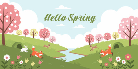 Hello Spring text with blooming trees, flowers, river, and cute forest animals. Nature landscape background for seasonal design. © Helena