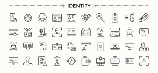 Identity icon set. Identify simple icon set. Sign and Symbol. Featuring biometric, identification, identify, person, id, bio and more. Vector collections.