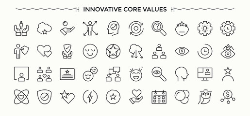 Set of Innovation line icon. Pack of invention, startup, brain, intelligence, ai, technology and more. Minimalist linear icons. Technology linear icon collection. Editable vector illustration.