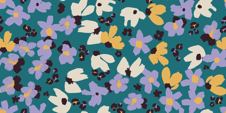 Rich abstract floral vector pattern in deep teal, lavender, mustard, and cream&mdash;bold brushwork with contrasting dark accents