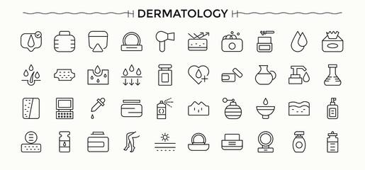 Dermatology modern icon set. Minimalist linear icons. Editable vector illustration. Care Products icon set. Includes symbols for moist, care, health, cosmetic, care products, sun protection and more.