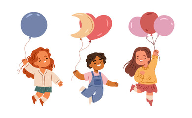 Cheerful cartoon characters with helium objects. Vector isolated boy and girls joyfully jumping with balloons. Kids in mid air with inflatable toys. Festive and joyful event for children