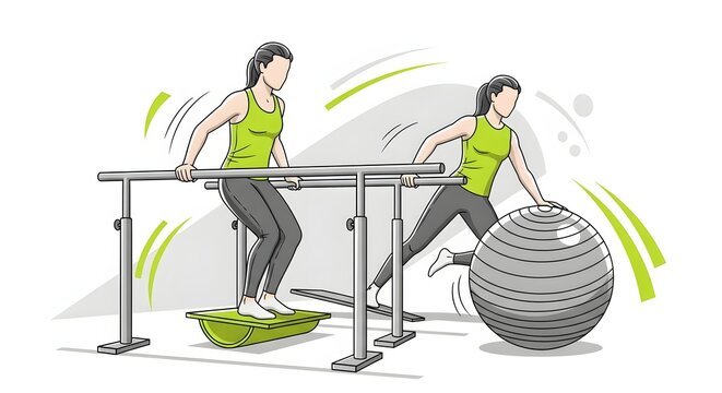 Woman rehabilitates balance and coordination using parallel bars and an exercise ball during physiotherapy.