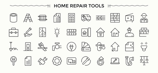 Home Repair Tools line icon set. Outline symbol collection. Editable stroke. Vector collection. Tool line icon set. Includes symbols for paint, paintbrush, renovation, decoration, interior and more.