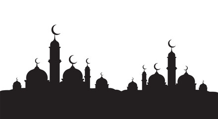 Islamic city skyline silhouette with crescent moons on minarets and domes against white background © WASIM STOCK