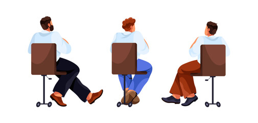 Men sitting on office chairs and talking to each other. Vector isolated business colleagues or coworkers discussing project ideas. Teamwork communication, corporate meeting and management