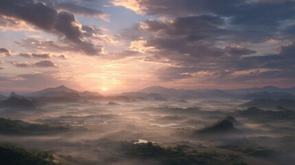 Fototapeta premium Serene Dawn Over Misty Mountains and Lush Green Valleys Landscape