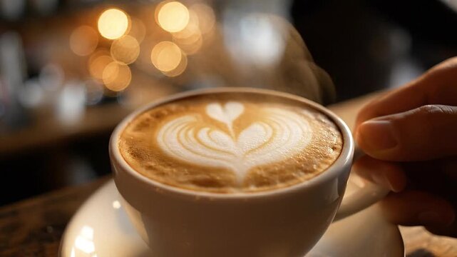 Person gently holding a steaming cup of expertly crafted latte featuring intricate heart shaped latte art resting on a saucer in a dimly lit cafe environment