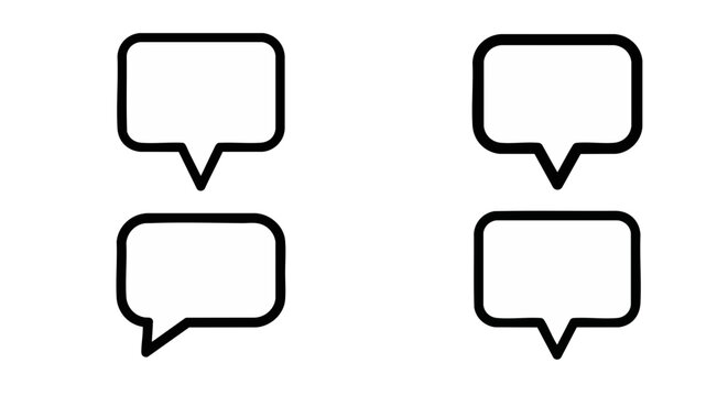 Four white stylized speech bubbles pointing downwards isolated against a solid black background representing abstract communication dialogue or conversation icons for interface design projects.