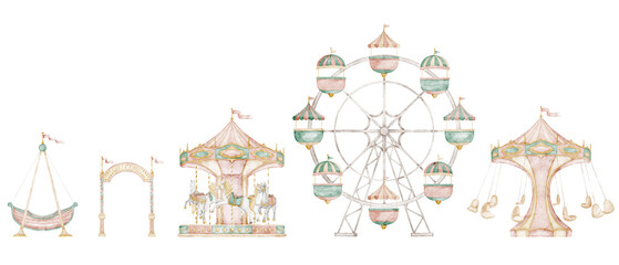 Watercolor border with Amusement park attractions including carousel, Ferris wheel, swing ride and entrance arch. Seamless pattern in gentle pastel style for nursery banners, kids party design. © Alisles