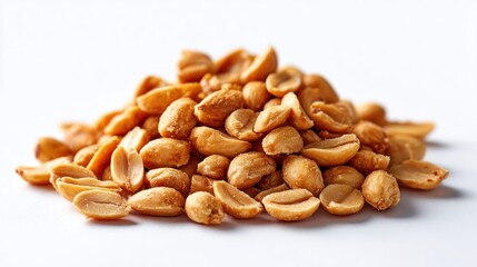 Obraz premium A pile of roasted salted peanuts on a white background, close up shot