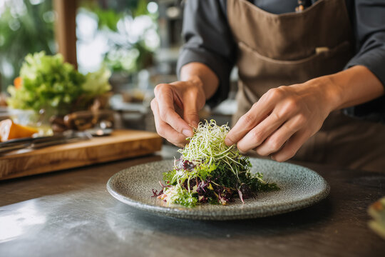 Chef arranging microgreens on a gourmet dish. Clean culinary style. Concept of fine dining, healthy food, and creativity. Ideal for restaurant branding, nutrition, sustainable cuisine, and food design