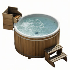 Fototapeta premium Wooden Hot Tub with Steps and Ladder in Serene Outdoor Setting with Soft Natural Lighting for Wellness and Relaxation