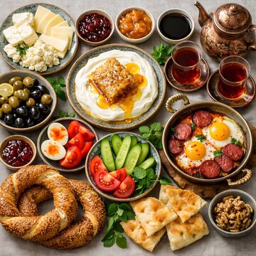 chicken and vegetables Traditional Turkish Breakfast spread with sucuk eggs, simit, honey, tea and other items.