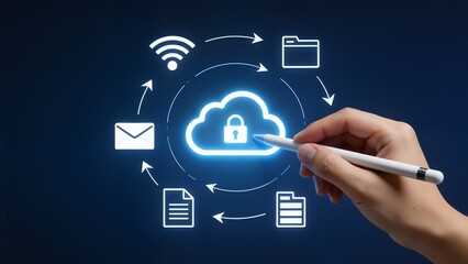 Hand holding stylus pointing at cloud security icon