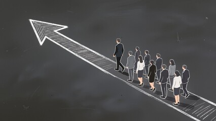 People Following Leader on Arrow Path