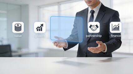 Businessman presenting financial icons